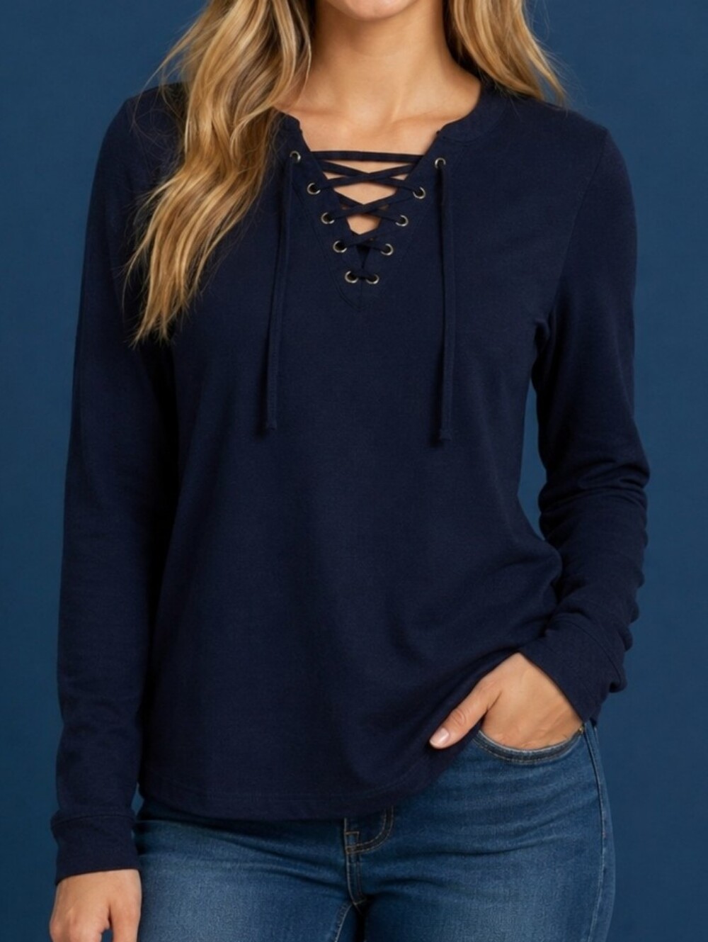 Vintage Dark Blue Lace Up Long Sleeve Henley Top
